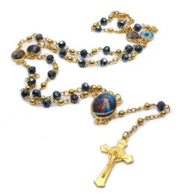 QIGO Crystal Rosary Necklace For Women Long Gold Cross Pendant Religious Jewelry (Color: BLACK)