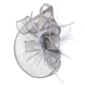 Hemp Yarn Banquet Net Top Hat Bridal Feather Hairpin (Color: grey)